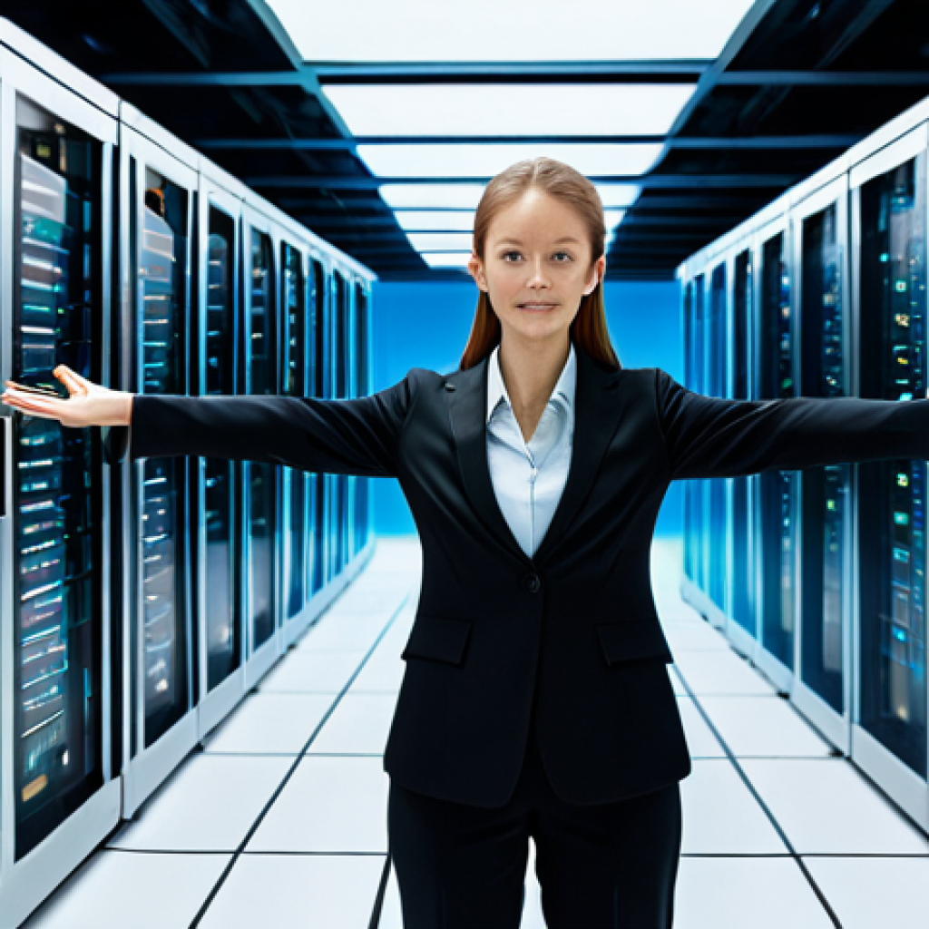 A professional female software architect, fully clothed in a modest business suit, stands in a brightly lit, futuristic server room. Her hands are naturally posed as she interacts with a holographic interface displaying an abstract representation of interconnected, lightweight WebAssembly (Wasm) modules, resembling glowing, perfectly aligned building blocks. The modules are rapidly moving and reconfiguring, symbolizing agility and dynamic scalability. The background shows rows of sleek, silent server racks. Perfect anatomy, correct proportions, well-formed hands, proper finger count, natural body proportions. This image conveys efficiency, speed, and modern server architecture. Safe for work, appropriate content, fully clothed, professional.
