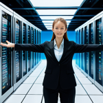 A professional female software architect, fully clothed in a modest business suit, stands in a brightly lit, futuristic server room. Her hands are naturally posed as she interacts with a holographic interface displaying an abstract representation of interconnected, lightweight WebAssembly (Wasm) modules, resembling glowing, perfectly aligned building blocks. The modules are rapidly moving and reconfiguring, symbolizing agility and dynamic scalability. The background shows rows of sleek, silent server racks. Perfect anatomy, correct proportions, well-formed hands, proper finger count, natural body proportions. This image conveys efficiency, speed, and modern server architecture. Safe for work, appropriate content, fully clothed, professional.