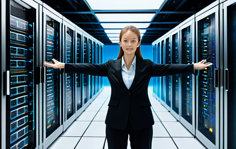 A professional female software architect, fully clothed in a modest business suit, stands in a brightly lit, futuristic server room. Her hands are naturally posed as she interacts with a holographic interface displaying an abstract representation of interconnected, lightweight WebAssembly (Wasm) modules, resembling glowing, perfectly aligned building blocks. The modules are rapidly moving and reconfiguring, symbolizing agility and dynamic scalability. The background shows rows of sleek, silent server racks. Perfect anatomy, correct proportions, well-formed hands, proper finger count, natural body proportions. This image conveys efficiency, speed, and modern server architecture. Safe for work, appropriate content, fully clothed, professional.