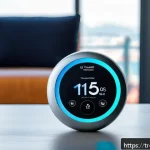 웹어셈블리와 IoT 디바이스의 연결 - A sleek, modern IoT sensor device integrated with WebAssembly technology, depicted in a high-tech sm...