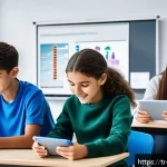 웹어셈블리와 교육 기술의 융합 사례 - A modern Turkish classroom scene featuring diverse middle school students using tablets and laptops,...