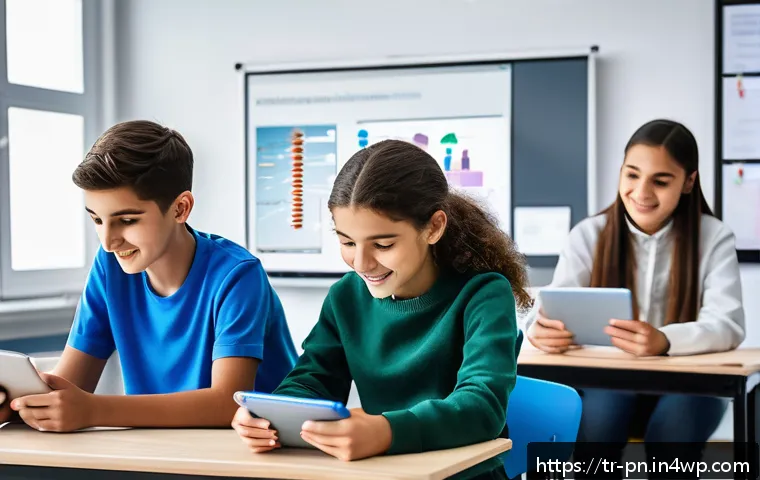 웹어셈블리와 교육 기술의 융합 사례 - A modern Turkish classroom scene featuring diverse middle school students using tablets and laptops,...