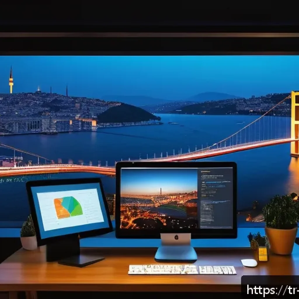 웹어셈블리 기반의 인터랙티브 콘텐츠 제작 - A futuristic web developer workspace in Istanbul, showcasing a high-tech computer screen displaying ...
