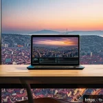 웹어셈블리와 스토리지 기술의 접목 - A futuristic digital workspace showcasing a sleek laptop displaying WebAssembly code executing at hi...