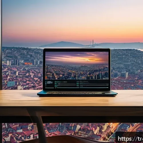웹어셈블리와 스토리지 기술의 접목 - A futuristic digital workspace showcasing a sleek laptop displaying WebAssembly code executing at hi...